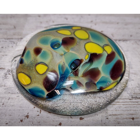 Bedrock Industries Recycled Glass Round Flat Paperweight Spots Yellow Brown Blue - Picture 1 of 9